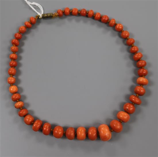 A single strand graduated coral bead necklace, gross weight 54 grams, 40cm.